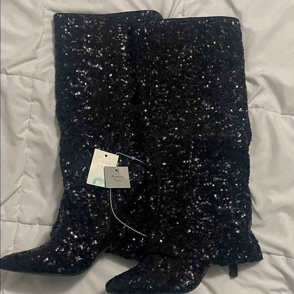 Black Sequin Heeled Boots